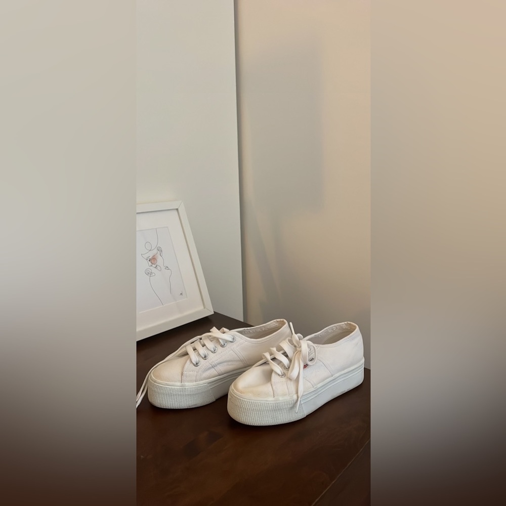 Superga size six white platform sneaker, canvas, worn once!